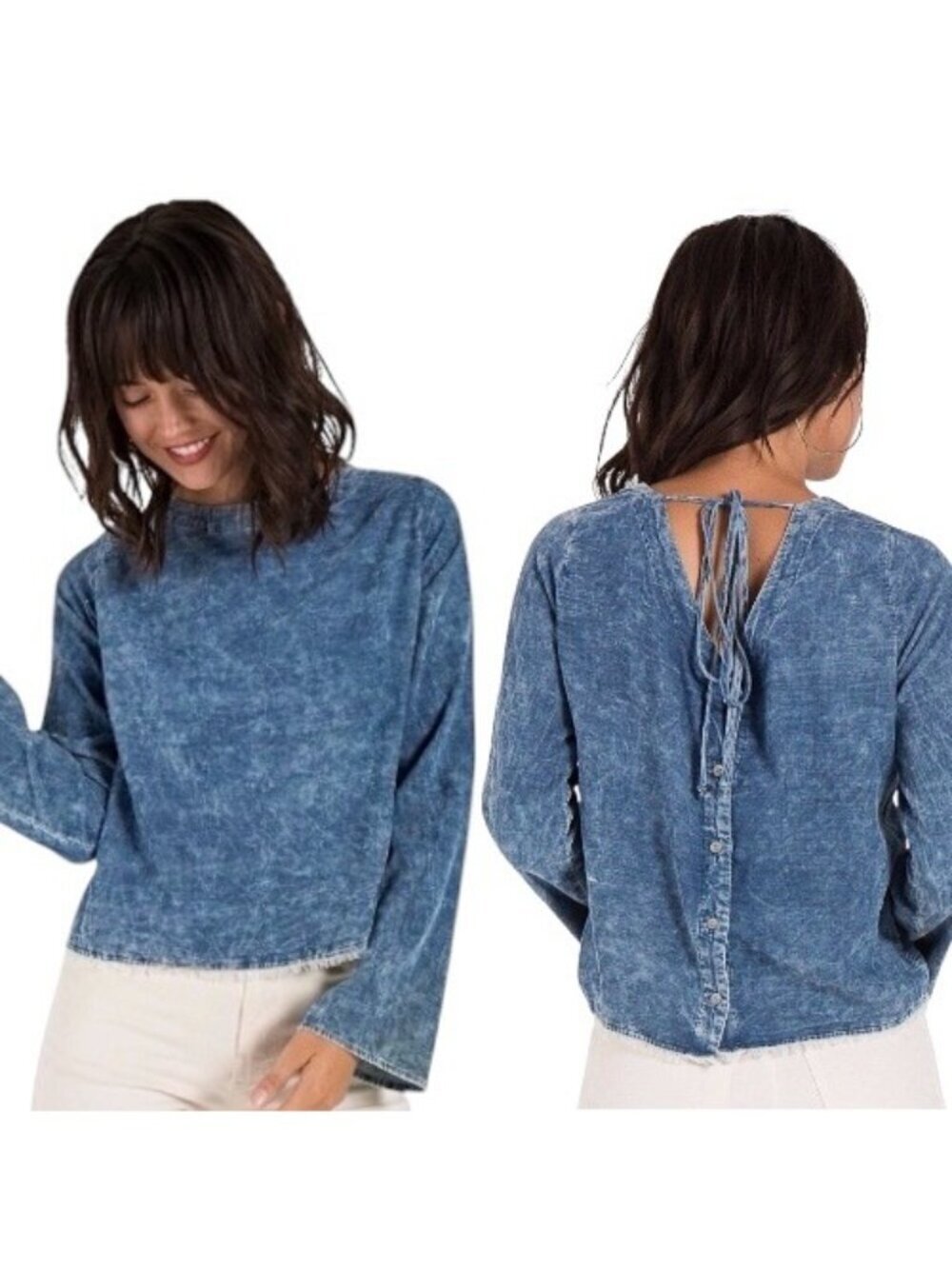 Anthropologie Cloth Stone Indie Bell Sleeve Top Sz S Blue Corduroy Western Boho